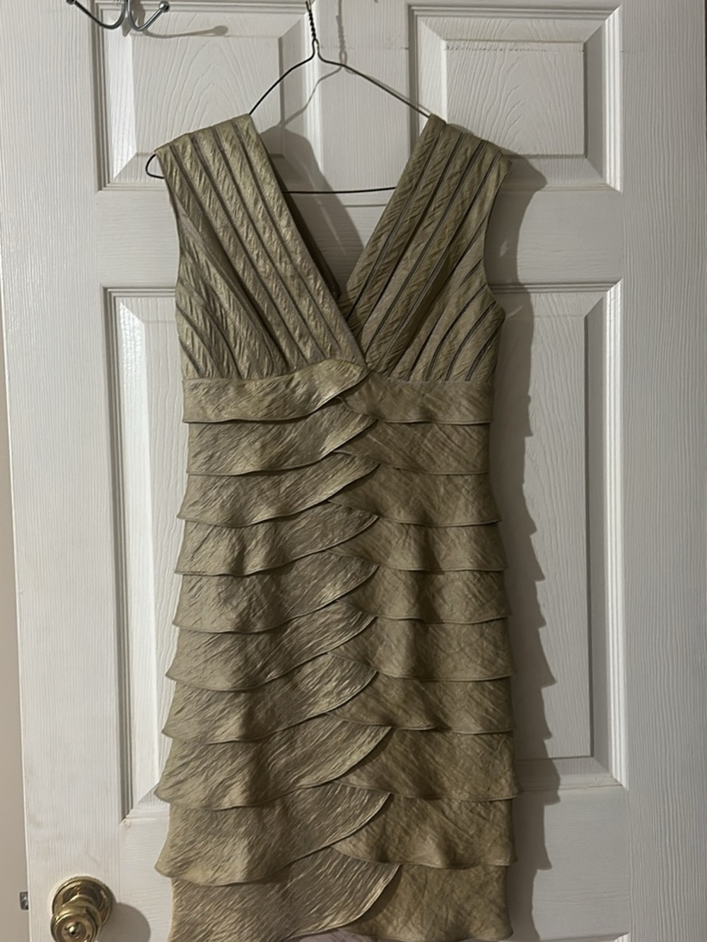 Eliza J Metallic Gold Tiered V-Neck Midi Dress